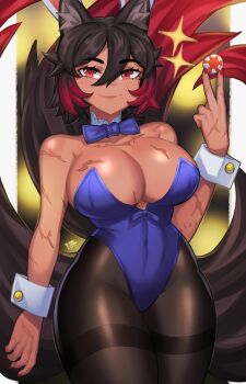 1girl absurdres animal_ears black_hair black_pantyhose blue_leotard bow bowtie breasts dog_ears dog_girl hellhound highres kamura_akuma large_breasts leotard lokigun looking_at_viewer multicolored_hair multiple_scars multiple_tails pantyhose playboy_bunny poker_chip red_eyes red_hair scar tail two-tone_hair wolf_girl wrist_cuffs