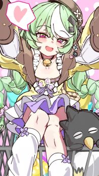 1girl amaton707 badge bell beret blush_stickers braid breasts brown_jacket button_badge collarbone dress frilled_dress frills from_above green_hair hat head_tilt in_shopping_cart jacket looking_at_viewer loose_socks low_twin_braids multicolored_hair narrowed_eyes nazuna_(stella_sora) neck_bell open_mouth purple_dress shopping_cart small_breasts smile socks solo speech_bubble spoken_blush stella_sora streaked_hair stuffed_animal stuffed_penguin stuffed_toy twin_braids two-tone_hair white_dress white_hair white_socks yellow_jacket