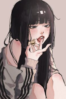 1girl aegyo_sal bare_shoulders black_hair blunt_bangs blurry body_blush cake depth_of_field fingernails food food_on_face grey_background grey_eyes hair_over_shoulder highres holding holding_cake holding_food jacket knees_up licking licking_finger long_fingernails long_hair looking_down loose_clothes mole mole_on_cheek off_shoulder original red_lips sitting straight_hair tamori_(tamori_www) thick_lips track_jacket triple_vertical_stripe white_jacket