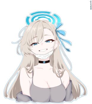 1girl 686panda absurdres alternate_costume asuna_(blue_archive) bare_shoulders blonde_hair blue_archive blue_eyes blue_halo breasts brown_dress brown_jacket choker cleavage collarbone dongtan_dress dress grin hair_over_one_eye hair_ribbon halo highres jacket large_breasts long_hair looking_at_viewer mask mole mole_on_breast mouth_mask ribbon smile solo very_long_hair white_background