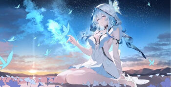 1girl absurdres blue_butterfly blue_eyes blue_hair breasts bug butterfly butterfly_on_hand chinese_commentary cleavage commentary_request dress highres insect long_hair medium_breasts nanoda002_(saber427) sandals scenery shorekeeper_(wuthering_waves) sidelocks sitting solo thighs toes unfinished wariza white_dress white_hood wuthering_waves