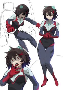 1girl absurdres alternate_costume black_hair bodysuit breasts closed_mouth cockpit commentary cosplay full_body gluteal_fold hair_ornament highres interface_headset_(evangelion) looking_at_viewer marvel mecha_pilot_suit medium_breasts multicolored_bodysuit multiple_views nagisa_kaworu nagisa_kaworu_(cosplay) neon_genesis_evangelion nia_(nia4294) peni_parker piloting plugsuit_(evangelion) red_eyes science_fiction short_hair simple_background sitting skin_tight spider-man:_across_the_spider-verse spider-man_(series) spider-verse standing sweat thigh_gap wide_hips x_hair_ornament