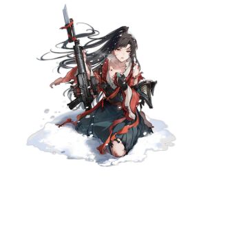 1girl :o barefoot bayonet black_gloves black_hair blood blue_skirt broken broken_weapon collarbone cuts fingerless_gloves full_body girls'_frontline gloves gun high_ponytail highres holding holding_gun holding_weapon imoko_(imonatsuki) injury japanese_clothes kimono kneeling long_skirt long_sleeves looking_at_viewer official_alternate_costume official_art open_mouth orange_eyes ponytail pouch qbz-191 qbz-191_(girls'_frontline) qbz-191_(lone_pine_walker)_(girls'_frontline) red_kimono red_ribbon rerebrace ribbon scar scar_on_face scope scrape scraped_knee simple_background skirt snow solo third-party_source torn_clothes torn_kimono torn_ribbon torn_skirt transparent_background vambraces weapon