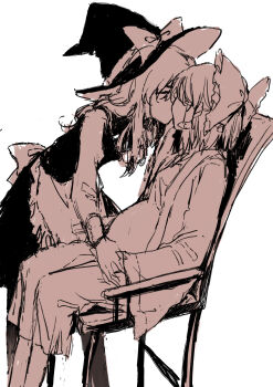 2girls absurdres aihara-rina alternate_costume back_bow bow chair chinese_commentary closed_eyes commentary_request frilled_bow frilled_hair_tubes frills hair_bow hair_tubes hakurei_reimu hand_grab hat hat_bow highres kirisame_marisa kiss long_sleeves monochrome multiple_girls on_chair pregnant red_theme simple_background sitting skirt touhou vest white_background wide_sleeves witch_hat yuri