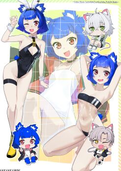 3girls :d ;d absurdres ahoge animal_ear_fluff animal_ears armpits arms_behind_head bear_ears bear_girl bear_tail blue_hair blunt_sidelocks cat_ears cat_girl cat_tail center-flap_bangs chibi choker claw_pose cleavage_cutout clothing_cutout covered_navel criss-cross_halter crossed_bangs dark-skinned_female dark_skin diamond_cutout dress fake_animal_ears fang go!_go!_gris! green_eyes grey_hair grey_tail gris_(go!_go!_gris!) gris_swimsuit hair_between_eyes hair_intakes halter_leotard halterneck head_rest highleg highleg_leotard highleg_one-piece_swimsuit highres jacket jaihu kara_(go!_go!_gris!) leotard long_sleeves looking_at_viewer mouse_ears mouse_girl mouse_tail multiple_girls necktie one-piece_swimsuit one_eye_closed open_mouth perl_(go!_go!_gris!) pink_tail playboy_bunny print_necktie red_eyes sandals see-through_clothes see-through_one-piece_swimsuit seiza shoes short_dress short_hair sidelocks sitting sleeveless sleeveless_dress slides slip-on_shoes smile swimsuit tail tareme thick_eyelashes thigh_strap v white_dress white_hair wrist_cuffs yellow_eyes yellow_necktie yellow_shoes