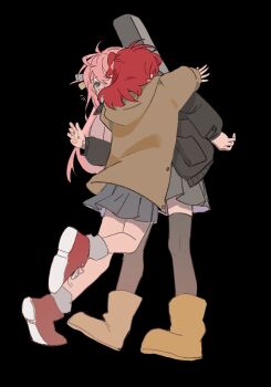 Rule 34 | 2girls, black background, bocchi the rock!, boots, gotoh hitori, hug, instrument on back, kita ikuyo, lingyi, multiple girls, pink hair, red hair