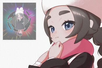 1girl ansha_(pokemon) black_hair blue_eyes blue_pupils closed_mouth commentary_request hat highres looking_at_viewer mokothetako multiple_views nintendo official_art_inset pokemon pokemon_legends:_z-a thick_eyebrows white_background white_hat