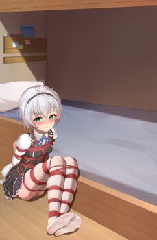 1girl absurdres arms_behind_back bdsm bed bed_sheet bedroom black_hairband black_ribbon black_vest blush bondage bound bound_ankles bound_arms bound_breasts bound_calves bound_legs bound_thighs bound_torso breast_bondage breasts choker clenched_hand clothes_lift collared_shirt crotch_rope crying crying_with_eyes_open embarrassed female_focus frostbite_(artist) full_body glaring green_eyes grey_hair hagun_academy_school_uniform hair_between_eyes hair_ornament hair_ribbon hairband highres huge_filesize indoors kinbaku kurogane_shizuku large_breasts long_sleeves looking_ahead looking_to_the_side miniskirt navy_blue_skirt no_panties no_shoes on_floor perky_breasts pillow pink_ribbon pleated_skirt puffy_long_sleeves puffy_sleeves pussy_juice pussy_juice_puddle pussy_juice_trail rakudai_kishi_no_cavalry ribbon shadow shibari shibari_over_clothes shirt short_hair sidelocks skin_tight skindentation skirt skirt_lift soles solo tearing_up tears thighhighs thighs toes undershirt variant_set vest white_shirt white_thighhighs white_undershirt wooden_floor