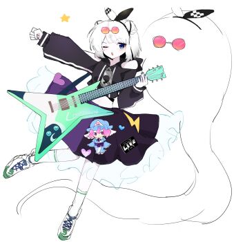 1girl alternate_costume alternate_hairstyle an_72h black_jacket blue_eyes blush character_doll cropped_jacket doll double_bun eyewear_on_head full_body gradient_hair grey_hair guitar hair_bun highres holding holding_guitar holding_instrument instrument jacket konpaku_youmu konpaku_youmu_(lostword_live_2025) long_sleeves looking_at_viewer midriff multicolored_hair navel one_eye_closed open_mouth puffy_long_sleeves puffy_sleeves purple_skirt saigyouji_yuyuko shoes skirt sneakers socks solo sunglasses touhou touhou_lostword white_socks zipper_pull_tab