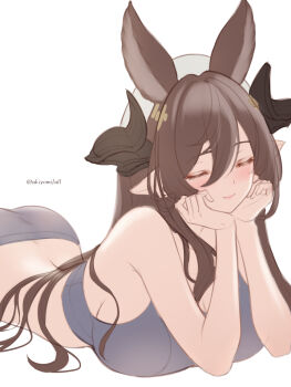 1girl akiyomi alternate_costume animal_ears arm_support bare_arms bare_shoulders black_horns blush breasts brown_hair closed_eyes closed_mouth commentary crop_top galleon_(granblue_fantasy) granblue_fantasy hair_between_eyes hat highres horns huge_breasts light_smile long_hair lying on_stomach pointy_ears simple_background sleeveless solo sports_bra twitter_username upper_body white_background white_hat