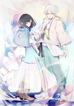 1boy 1girl abstract_background ahoge back_bow black_hair black_nails blue_capelet blue_skirt bob_cut boots bow bowtie bracelet brown_boots capelet center_frills character_request closed_mouth commentary_request drop_shadow earrings expressionless frills full_body green_eyes green_jacket green_pants hair_between_eyes high_collar highres hoop_earrings jacket jewelry kamitsubaki_studio lace-up_boots layered_skirt long_skirt long_sleeves looking_at_viewer nail_polish o-ring official_art open_clothes open_jacket pants parted_lips pink_jacket platform_boots platform_shoes puffy_long_sleeves puffy_sleeves reflective_floor see-through_clothes see-through_skirt shirt shoes short_hair sideways_glance sinsekai_record skirt standing swept_bangs two-sided_fabric two-sided_jacket untucked_shirt virtual_youtuber white_bow white_bowtie white_shirt white_shoes white_skirt yonemuro zipper zipper_pull_tab zipper_skirt