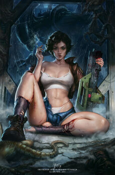 1girl acid alien_(series) aliens_(1986) artist_name black_hair blondynkitezgraja blood blood_on_face boots breasts brown_eyes cigarette cleavage collarbone commentary crack cracked_glass denim denim_shorts ellen_ripley english_commentary full_body g-string green_eyes gun highres holding holding_gun holding_weapon injury instagram_username jacket large_breasts leather leather_jacket lips lipstick looking_at_viewer makeup midriff navel off_shoulder panties parted_lips scratches shiny_skin short_hair short_shorts shorts shotgun signature single_bare_foot sitting slime_(substance) smoke smoking solo thighs thong toned toned_female torn_clothes twitter_username underwear weapon white_panties xenomorph