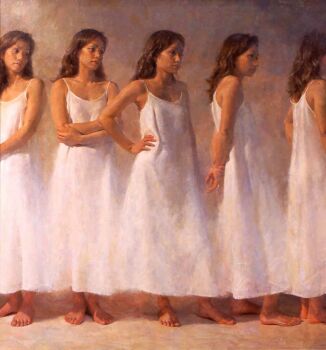 1girl arms_behind_back asian barefoot brown_hair closed_mouth commentary commentary_request crossed_arms dated_commentary dress english_commentary expressionless feet hand_on_own_hip long_hair misawa_hiroshi mixed-language_commentary multiple_views oil_painting_(medium) original painting_(medium) realistic sleeveless sleeveless_dress spaghetti_strap standing traditional_media white_dress