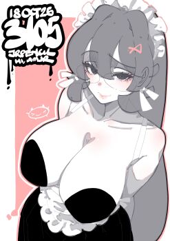 1girl absurdres apron artist_name black_dress breasts cleavage closed_mouth collarbone commentary cowboy_shot double-parted_bangs dress english_commentary from_above glasses grey_eyes grey_hair hair_between_eyes hair_ornament highres jrpencil large_breasts long_hair looking_at_viewer maid_headdress original smile solo strapless strapless_dress waist_apron