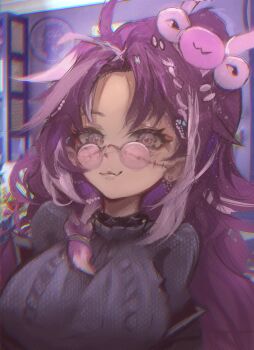 1girl :3 absurdres ahoge black_shirt earrings fang glasses highres jared_(michi_mochievee) jewelry long_hair looking_at_viewer michi_mochievee michi_mochievee_(1st_costume) multicolored_hair purple_hair shirt skin_fang smile stitched_face stitches streaked_hair stud_earrings taku_artworks virtual_youtuber vshojo white_hair