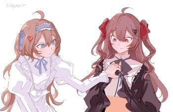 2girls ahoge black_bow black_bowtie black_dress blue_eyes blue_hairband blue_ribbon bow bowtie broken_heart broken_heart_hair_ornament brown_hair closed_mouth clothes_lift commentary dress dress_lift english_commentary evil_neuro-sama hair_between_eyes hair_ornament hair_ribbon hairband heart heart_hair_ornament incest liquain long_hair long_sleeves multiple_girls neck_ribbon neuro-sama red_eyes red_ribbon ribbon siblings simple_background sisters twincest twins two_side_up upper_body vedal_ai virtual_youtuber white_background white_dress yuri