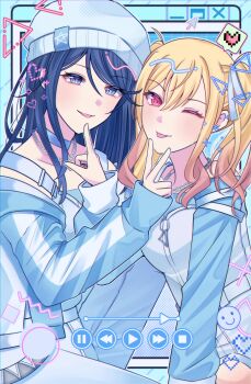 absurdres beanie belt black_hair blonde_hair blue_eyes chain chain_necklace choker double-parted_bangs gradient_hair hair_between_eyes hair_ribbon hat highres hoshino_ichika_(project_sekai) jacket jewelry long_hair media_player_interface multicolored_hair necklace off_shoulder official_alternate_costume one_eye_closed pants project_sekai ribbon sleeves_past_wrists soggyuzuki striped_sleeves tenma_saki this_moment_with_you!_(project_sekai) tongue tongue_out twintails user_interface v white_pants y2k_fashion