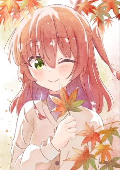 1girl anger_vein autumn autumn_leaves bocchi_the_rock! brown_hair closed_mouth day falling_leaves green_eyes hair_between_eyes hair_ornament highres holding holding_leaf kita_ikuyo kunchacha leaf leaf_hair_ornament leaf_on_head leaf_print long_hair long_sleeves looking_at_viewer maple_leaf one_eye_closed one_side_up outdoors smile solo upper_body