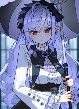 Rule 34 | 1girl, absurdres, black nails, breasts, center frills, commentary request, drill hair, expressionless, frills, hairband, highres, holding, holding umbrella, katsu (katsupainter), long hair, long sleeves, looking at viewer, mole, mole under eye, pointy ears, purple hair, purple hairband, purple umbrella, red eyes, ringlets, sidelocks, solo, umbrella, upper body, v-shaped eyebrows, vivian banshee, zenless zone zero