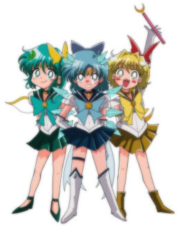 1980s_(style) 3girls absurdres ascot bishoujo_senshi_sailor_moon blonde_hair blue_bow blue_choker blue_eyes blue_hair blue_ribbon blue_sailor_collar blush boots bow choker cirno commentary_request cosplay daiyousei detached_wings ear_piercing fairy fairy_wings fang faux_retro_artstyle green_choker green_eyes green_hair green_sailor_collar green_skirt grin hair_bow hair_ribbon highres ice ice_wings magical_girl miwijag1997 multiple_girls oldschool open_mouth piercing red_ribbon retro_artstyle ribbon rumia sailor_collar sailor_moon sailor_moon_(cosplay) sailor_senshi_uniform short_hair side_ponytail simple_background skirt smile touhou white_background wings yellow_ascot yellow_bow yellow_choker yellow_eyes yellow_ribbon yellow_sailor_collar yellow_skirt