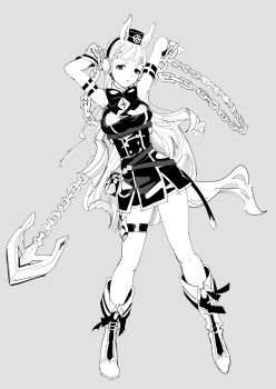 1girl absurdres animal_ears armpits arms_up bare_shoulders boots breasts chain dress full_body gold_ship_(umamusume) greyscale hat highres horse_ears horse_girl horse_tail https_w long_hair looking_at_viewer monochrome parted_lips short_dress simple_background sleeveless sleeveless_dress solo standing tail thigh_strap umamusume