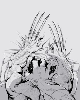 2boys arm_hair back back_hair bara commentary english_commentary grabbing_another's_head greyscale hairy hand_hair highres lying male_focus marvel monochrome multiple_boys muscular muscular_male on_stomach sabertooth_(x-men) short_hair solo_focus wolverine_(x-men) x-men y38737 yaoi