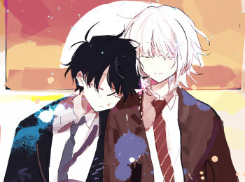 2boys absurdres akinashi_haru black_hair black_jacket blue_necktie brown_jacket chinese_commentary closed_eyes collared_shirt commentary_request dress_shirt head_on_another's_shoulder head_rest highres jacket male_focus multiple_boys necktie official_art_redraw paint_splatter qing_qing_zhi_zi_chu red_necktie saihate_eki shirt short_hair smile tatsunami_shion upper_body white_hair