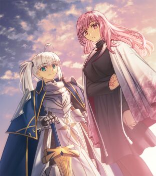 1boy 1girl :o androgynous armor black_leggings black_shirt black_skirt blue_cape blunt_bangs breastplate breasts cape cloak closed_mouth cloud cloudy_sky command_spell commentary_request commission commissioner_upload fate_(series) gauntlets green_eyes hair_down highres holding holding_sword holding_weapon horns_removed jewelry leggings long_hair looking_at_viewer necklace original outdoors pelvic_curtain pink_eyes pink_hair scar shirt shoori_(migiha) shoulder_armor side_ponytail skeb_commission skirt sky slit_pupils smile sword trap turtleneck weapon white_hair