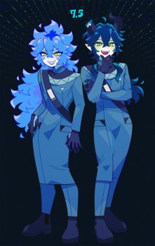 2boys 3d_tansoku ahoge arm_at_side black_background black_boots black_gloves black_hair black_horns black_sash blue_coat blue_eyeshadow blue_hair blue_lips blue_pants boots broken_horn coat commentary contrapposto dress_pants emphasis_lines eyeshadow fangs fiery_hair full_body furrowed_brow gloves green_eyes grey_eyeshadow grin hair_between_eyes halftone halftone_background hand_on_own_arm hand_on_own_chin hand_on_own_hip highres horns idia_shroud legs_apart legs_together light_blush long_hair long_sleeves looking_at_viewer makeup male_focus malleus_draconia mandarin_collar multiple_boys narrowed_eyes open_mouth pale_skin pants pointy_ears raised_inner_eyebrows s.t.y.x._employee_uniform sash sharp_teeth shoulder_sash side-by-side slit_pupils smile spoilers standing symbol-only_commentary teeth twisted_wonderland very_long_hair wolf_cut yellow_eyes