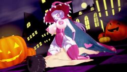 1boy 1girl 3d animated appmon apuriarise breasts breasts_out claws clothed_female_nude_male cowgirl_position digimon full_moon halloween hat hetero jack-o'-lantern lactation large_breasts long_hair moon night nipples nude on_ground outdoors pointy_ears ponytail pumpkin purple_hair sex straddling thighhighs video warudamon witch_hat yellow_eyes