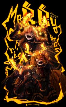 1boy 2girls absurdres antlers black_background black_hair blood blood_on_armor blood_on_clothes bloodshot_eyes brown_hair christmas_lights half_updo hand_on_own_horn highres hong_lu_(project_moon) horns ishmael_(project_moon) limbus_company long_hair multiple_girls nosebleed open_mouth pain parted_bangs pill_bottle project_moon r_corp._(identity)_(project_moon) reindeer_antlers rodion_(project_moon) screaming simple_background very_long_hair yatsumeunagi