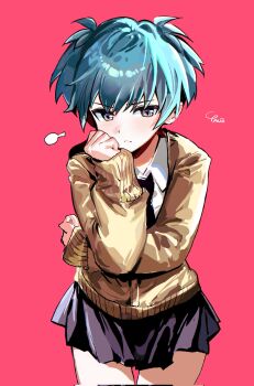 1boy ansatsu_kyoushitsu aqua_hair black_necktie black_skirt blue_eyes blue_hair cardigan collared_shirt corrupted_twitter_file cowboy_shot crossdressing crossdressing_(mtf) hand_on_own_cheek hand_on_own_face highres long_sleeves male_focus multicolored_eyes necktie open_cardigan open_clothes pleated_skirt pout red_background shiota_nagisa shirt short_hair short_twintails sidelocks signature simple_background skirt sleeve_cuffs sleeves_past_wrists solo standing sweater tanglaoban1225 thighs twintails white_shirt yellow_cardigan yellow_sweater