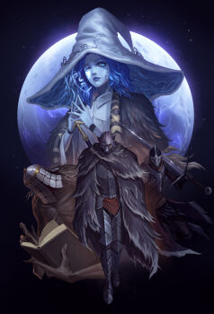 1girl absurdres animal_head armor blaidd_the_half-wolf blue_eyes blue_hair blue_skin book brooch buwenyineng cape cloak closed_mouth colored_skin commentary cracked_skin elden_ring fromsoftware full_moon fur_cape fur_cloak furry furry_male greatsword hat highres holding holding_weapon huge_weapon jewelry long_hair looking_at_viewer moon multiple_boys one_eye_closed open_book plate_armor ranni_the_witch star_(sky) sword tarnished_(elden_ring) walking war_counselor_iji weapon white_headwear witch witch_hat wolf_boy