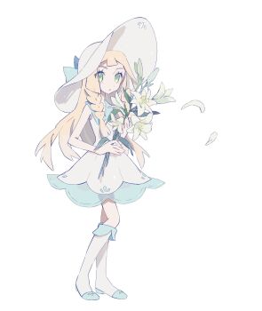 Rule 34 | 1girl, :o, blonde hair, blue shoes, blunt bangs, bouquet, braid, commentary request, dress, flower, full body, green eyes, hat, highres, holding, holding bouquet, korean commentary, lillie (pokemon), lily (flower), long hair, looking at viewer, nintendo, open mouth, pokemon, pokemon sm, ru oo0o, shoes, simple background, sleeveless, sleeveless dress, socks, solo, standing, sun hat, sundress, twin braids, white background, white dress, white flower, white hat, white socks