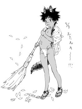 1boy animal_ears broom dark-skinned_male dark_skin full_body fundoshi highres japanese_clothes japanese_text leaves male_focus monochrome navel original sandals short_hair sibelius solo tail white_background