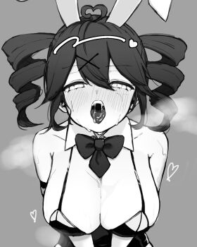 1girl animal_ears breasts cleavage commentary_request drill_hair greyscale highres kasane_teto leotard makisugi monochrome rabbit_ears rabbit_hole_(vocaloid) suggestive_fluid tongue tongue_out twin_drills utau