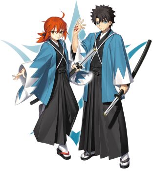 1boy 1girl ahoge black_hair black_hakama black_kimono blue_eyes blue_haori command_spell fate/grand_order fate_(series) fujimaru_ritsuka_(female) fujimaru_ritsuka_(male) full_body geta hair_ribbon hakama haori holding holding_sword holding_weapon japanese_clothes kimono long_sleeves looking_at_viewer official_art okobo open_mouth orange_eyes orange_hair outline platform_sandals ponytail ribbon sandals second-party_source shinsengumi standing standing_on_one_leg sword takeuchi_takashi transparent_background weapon white_outline wide_sleeves