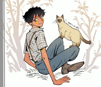 1boy animal black_hair cat closed_mouth dated full_body indian_style looking_back male_focus original pants shirt short_hair sitting solo syunn_minn