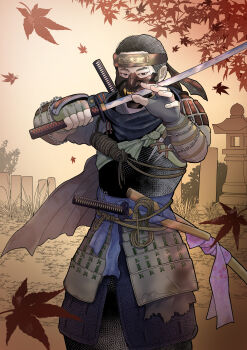 Rule 34 | 1boy, absurdres, artist request, black eyes, black hair, closed mouth, ghost of tsushima, highres, katana, male focus, mask, sakai jin, samurai, short hair, sword, weapon