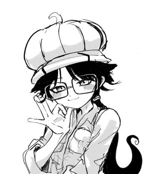 Rule 34 | 1girl, :3, blush, breast pocket, chelsea childe, closed mouth, commentary request, dr. stone, fellatio gesture, glasses, greyscale, hand up, handjob gesture, hat, highres, kamodori, long hair, looking at viewer, low ponytail, monochrome, ok sign, pocket, ponytail, rectangular eyewear, shirt, simple background, sketch, smile, solo, upper body, white background