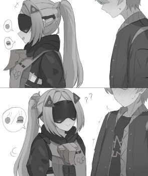 1boy 1girl ? absurdres black_hoodie blindfold_mask food goggles hair_ornament hairpin highres hood hoodie jacket light_blush long_hair mask military_uniform monochrome namikare no_eyes open_clothes open_jacket pocket ponytail short_hair simple_background smile sweatdrop trigger_(zenless_zone_zero) white_background wise_(zenless_zone_zero) zenless_zone_zero