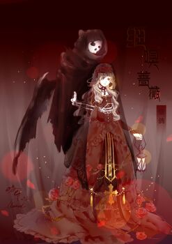 Rule 34 | 1girl, asymmetrical sidelocks, black rose (miracle nikki), black veil, blonde hair, bow, bowtie, brown eyes, character name, chinese commentary, chinese text, commentary request, dot nose, dress, drill hair, expressionless, eyelashes, flower, frilled dress, frills, full body, gold buttons, gown, head wreath, highres, holding, holding lantern, lantern, light particles, long dress, long hair, long sidelocks, long sleeves, looking ahead, miracle nikki, muriel miaoke, nikki (series), parted lips, partial commentary, red background, red bow, red bowtie, red dress, red flower, red rose, rose, see-through clothes, see-through veil, sidelocks, signature, skeleton, translation request, veil