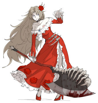 1girl axe bare_shoulders blood bone breast_tattoo breasts brown_hair choker cleavage dress e.g.o_(project_moon) flower full_body high_heels kankan33333 large_breasts limbus_company long_dress long_hair project_moon red_dress red_flower red_rose rodion_(project_moon) rose sanguine_desire_(e.g.o) side_cut smile solo tattoo the_red_shoes_(project_moon)