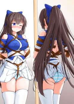1girl absurdres arms_behind_back ass bare_shoulders bdsm between_buttocks between_legs between_thighs blue_eyes blue_kimono blue_panties blue_ribbon blue_shirt blush bondage bound bound_arms bound_torso bow breasts brown_hair clothes_lift clothing_cutout commission commissioner_upload crotch_rope crying crying_with_eyes_open drooling embarrassed female_focus gn_nanon hair_between_eyes hair_bow hair_ornament hair_ribbon highres indoors japanese_clothes kimono large_breasts legs legs_together long_hair looking_ahead mirror nagasarete_airantou nipples panties perky_breasts pleated_skirt ponytail reverse_prayer ribbon rope saliva saliva_trail shibari shibari_over_clothes shirt short_sleeves shoulder_cutout sidelocks simple_background skeb_commission skin_tight skindentation skirt skirt_lift smile striped_clothes striped_panties suzu_(nagasarete_airantou) tearing_up tears thighhighs thighs underwear very_long_hair white_panties white_skirt wince