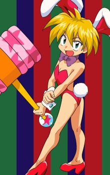 Rule 34 | 1girl, :d, animal ears, ass, bare legs, blonde hair, bow, bowtie, commentary request, fake animal ears, flat chest, full body, green eyes, hand on own wrist, highres, keio flying squadron, keiou yuugekitai, leotard, looking at viewer, m o (prftz), mallet, nanahikari rami, open mouth, toy hammer, playboy bunny, rabbit ears, rabbit tail, red leotard, shoes, short hair, smile, solo, standing, tail, wrist cuffs