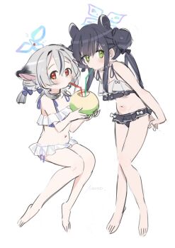 2girls alternate_costume animal_ears arms_behind_back barefoot bikini black_bikini black_hair blue_archive blush coconut_cup cup double_bun drinking_straw ears_down frilled_bikini frills full_body green_eyes grey_hair hair_bun halo highres holding holding_cup invisible_chair kokona_(blue_archive) loli long_hair looking_at_viewer medium_hair multiple_girls nemo_(leafnight) red_eyes shared_drink short_twintails shun_(blue_archive) shun_(small)_(blue_archive) siblings simple_background sisters sitting standing swimsuit twintails wet wet_hair white_bikini