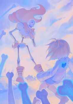 1boy 1other absurdres annoying_dog blue_shorts bone boots brown_boots brown_hair cape floating_cape frisk_(undertale) from_below gloves hand_on_own_chest hand_on_own_hip heart height_difference highres kiriyume open_mouth papyrus_(undertale) pixel_heart red_boots red_cape red_gloves short_hair shorts standing twitter_username undertale utdr_(toby_fox)