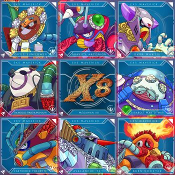 absurdres antennae avalanche_yeti bamboo_pandamonium bird burn_rooster chicken dark_mantis earthrock_trilobyte fire flower gigavolt_man-o-war gravity_antonion highres mantis mega_man_(series) mega_man_x8 mega_man_x_(series) optic_sunflower panda rooster sunflower