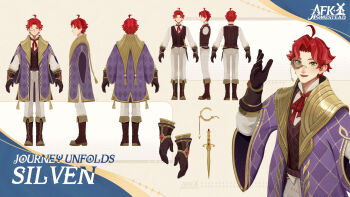 Rule 34 | 1boy, afk (series), afk journey, ahoge, ankle boots, blouse, boots, brown boots, brown gloves, brown sweater vest, character name, collared shirt, copyright logo, dagger, gloves, green eyes, highres, knife, leather, leather boots, leather gloves, logo, long sleeves, monocle, monocle chain, multiple views, neckerchief, official art, open clothes, pants, red hair, red neckerchief, reference sheet, shirt, short hair, silven (afk), sweater vest, tassel, waving, weapon, white pants, white shirt, wide sleeves