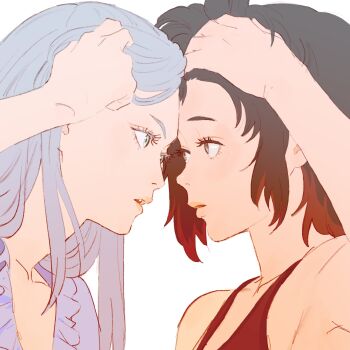 2girls 55bata6rou bare_shoulders black_hair eye_contact face-to-face forehead-to-forehead from_side gradient_hair grey_eyes grey_hair hair_lift hand_in_own_hair heads_together highres holding holding_own_hair long_hair looking_at_another multicolored_hair multiple_girls open_mouth profile red_hair ruby_rose rwby short_hair simple_background upper_body weiss_schnee white_background
